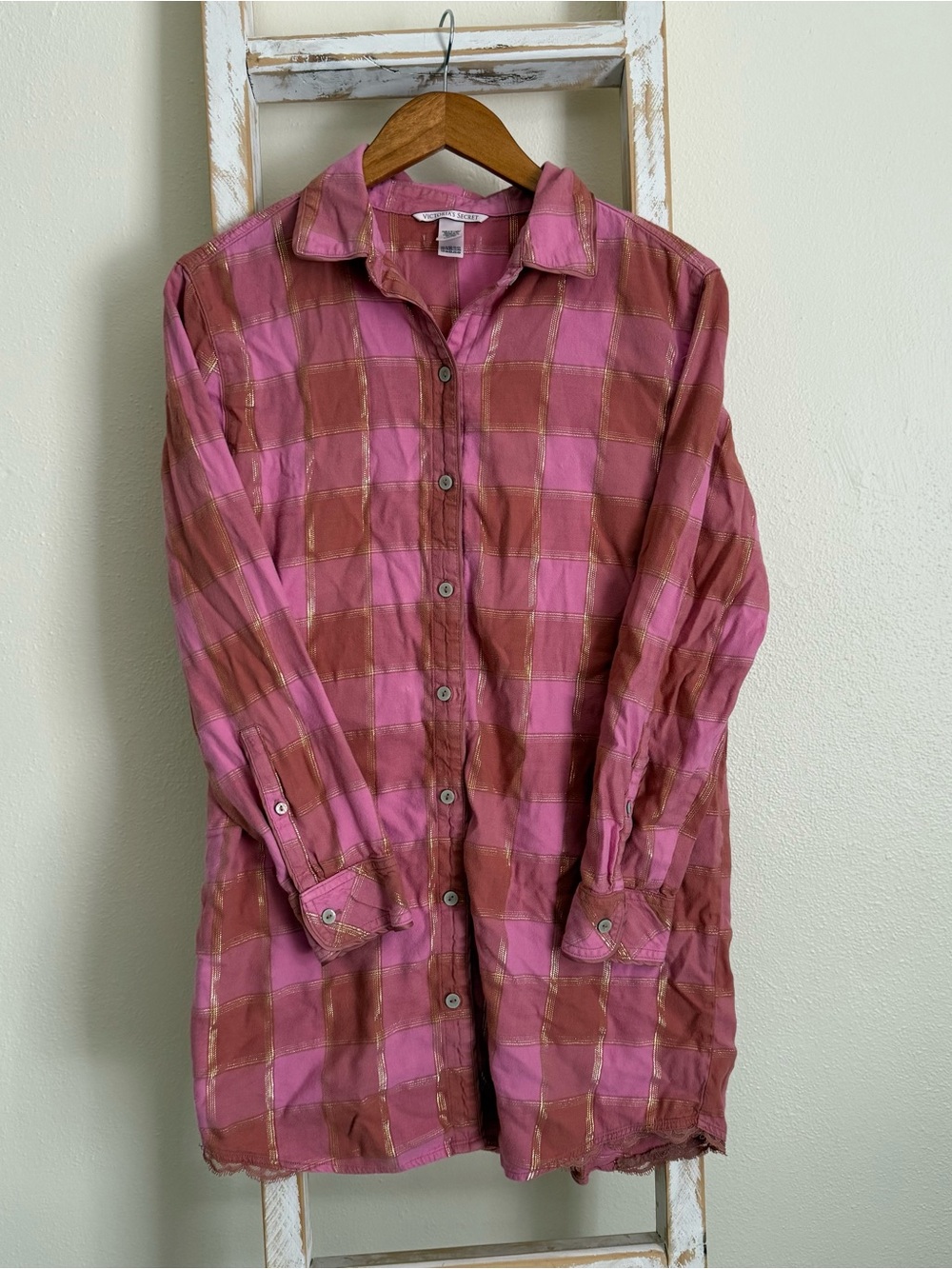 Victoria's Secret Dreamer Pretty Plaid Sparkle Nightshirt Cozy Pajamas Size M